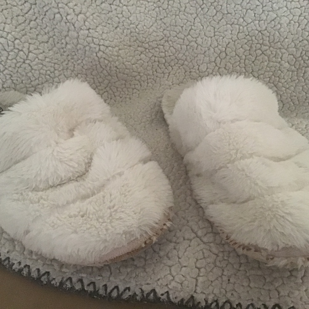 Well loved white cream furry slides